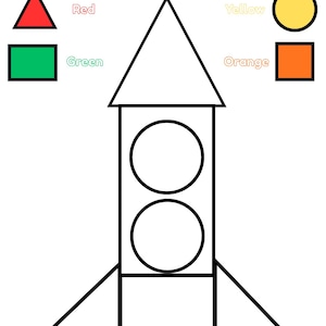May include: A Colour by Shape activity sheet featuring a rocket ship outline. The text reads Colour by Shape. A red triangle, green rectangle, yellow circle, and orange square are shown as a key. The rocket is composed of a triangle, rectangle, and circles.