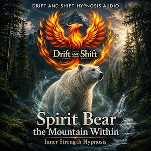 Könnte beinhalten: Eine digitale Grafik mit einem weißen Bären, umgeben von wirbelndem Licht, vor einer Wald- und Bergkulisse. Darüber leuchtet ein feuriger Phönix. Der Text lautet: DRIFT AND SHIFT HYPNOSIS AUDIO, Drift and Shift, Spirit Bear the Mountain Within, Inner Strength Hypnosis.