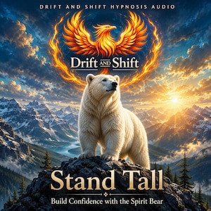 Könnte beinhalten: Eine digitale Grafik mit einem weißen Eisbären auf einem Felsgipfel. Über dem Bären befindet sich ein brennender Phönix sowie der Text "Drift and Shift Hypnosis Audio" und "Drift and Shift". Darunter steht der Text "Stand Tall" und "Build Confidence with the Spirit Bear" vor einer Kulisse aus Bergen und einem Sonnenuntergangshimmel.