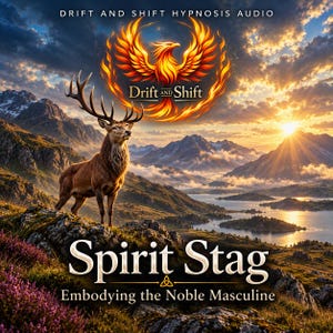 Peut inclure: Un graphique numérique intitulé Drift and Shift Hypnosis Audio montrant un cerf debout sur une colline rocheuse surplombant un lac et des montagnes au coucher du soleil. Au-dessus du cerf, une icône de phénix enflammé. Texte : Spirit Stag Embodying the Noble Masculine.