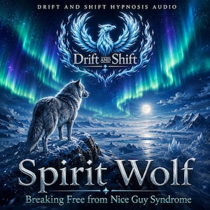 Puede incluir: Una obra de arte digital con un lobo gris sobre un acantilado nevado bajo una aurora boreal verde y azul. El texto dice DRIFT AND SHIFT HYPNOSIS AUDIO, Drift and Shift, Spirit Wolf y Breaking Free from Nice Guy Syndrome.