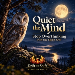 Puede incluir: Una lechuza común posada sobre una roca cubierta de musgo frente a un paisaje forestal bajo la luz de la luna. El texto dice: Quiet the Mind, Stop Overthinking with the Spirit Owl y Drift and Shift Hypnosis Audio, con un emblema de fénix.