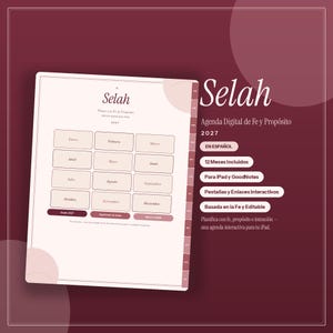 May include: A digital planner titled Selah for 2027, featuring a monthly calendar layout with twelve rectangular boxes for months from Enero to Diciembre, interactive tabs on the side, and text in Spanish regarding faith and purpose.