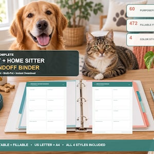May include: A white three-ring binder open to display two pages titled Emergency Decision Sequence and Medication Schedule. The binder features colorful dividers and is presented with text indicating 60 purposeful pages, 472 fillable fields, and 4 color styles. The product is labeled as The Complete Pet + Home Sitter Handoff Binder, printable and fillable in US Letter and A4 sizes.