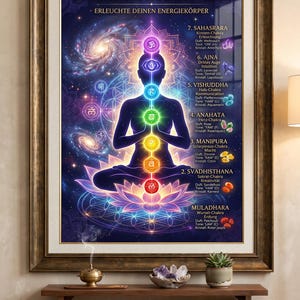 May include: A framed wall poster titled DER GEISTIGE CHAKRA-FÜHRER featuring a silhouette of a person in a seated meditation pose. The artwork displays seven glowing colored chakra symbols along the spine, surrounded by cosmic nebula imagery.