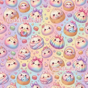 Op de afbeelding: Een herhalend patroon met schattige, pastelkleurige mochi-personages met lachende gezichten, strikjes en accessoires zoals sterren en boba-thee, tegen een zachte regenboogverloopachtergrond met de tekst MochiDoodleArt zichtbaar.