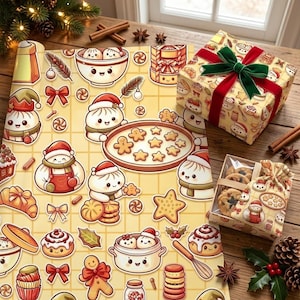 Könnte beinhalten: Geschenkpapier mit einem wiederkehrenden Muster aus Cartoon-Teigtaschen, Lebkuchen und weihnachtlichen Leckereien auf hellgelbem Rasterhintergrund, daneben ein Geschenkpaket mit dunkelgrünem Samtband.