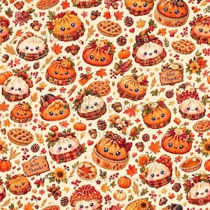 May include: A seamless pattern featuring cute, smiling dumpling characters with rosy cheeks, interspersed with autumn elements like pumpkins, pies, acorns, pinecones, maple leaves, sunflowers, and wooden signs with the text Give Thanks.