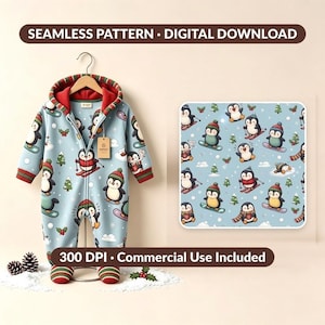 May include: A light blue hooded jumpsuit featuring a repeating pattern of cartoon penguins engaged in winter sports like skiing and snowboarding, accented with red and green striped cuffs and a red interior lining. Includes a digital pattern swatch.