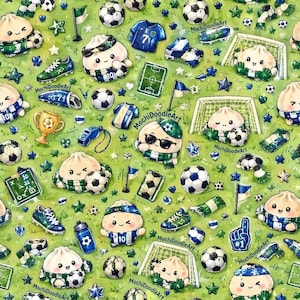 以下が含まれることがあります： ライトグリーンの背景に、サッカーのユニフォームを着た餃子のキャラクター、サッカーボール、青いジャージ、ゴールネット、トロフィー、ホイッスル、スパイクが描かれた繰り返し模様。デザイン全体にMochiDoodleArtという文字が散りばめられています。
