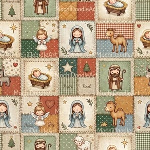 May include: A patchwork fabric pattern featuring illustrations of the Nativity scene, including baby Jesus in a manger, Mary, Joseph, angels, camels, and sheep, interspersed with stars, hearts, and the text Peace and Noel.