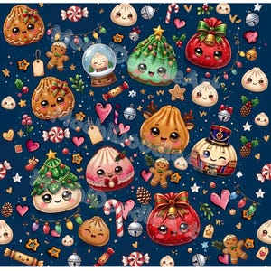 以下が含まれることがあります： 大きな目をした可愛らしいクリスマス風の擬人化された餃子が描かれた、ダークブルーのシームレスパターン。ジンジャーブレッドマン、キャンディケイン、クリスマスツリー、赤いギフトバッグ、鈴、ハートが全体に散りばめられたデザイン。