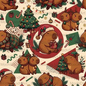 May include: A seamless pattern featuring cartoon capybaras in Christmas settings with Santa hats, scarves, and reindeer antlers. The design includes decorated Christmas trees, wrapped gifts, candy canes, holly, and pine cones on a cream background.