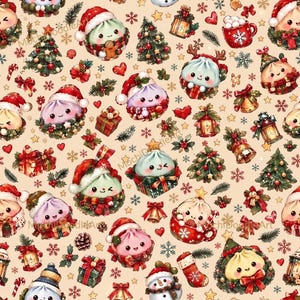 Könnte beinhalten: Ein nahtloses Muster auf hellbeigem Hintergrund mit illustrierten Teigtaschen mit Gesichtern, die Weihnachtsmützen tragen, umgeben von Weihnachtsbäumen, roten Geschenken, goldenen Glocken, Laternen, Kakaotassen und Schneeflocken.