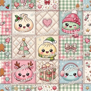 May include: A patchwork fabric pattern featuring repeating squares with cartoon dumplings, Christmas trees, gifts, and bows. The design includes festive elements like mittens, gingerbread men, and candy canes on checkered and quilted backgrounds.