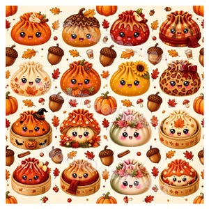 May include: A repeating pattern featuring cute, anthropomorphic dumplings with smiling faces, interspersed with autumn-themed elements like acorns, orange pumpkins, colorful fall leaves, mushrooms, cinnamon sticks, and small wooden steamer baskets.