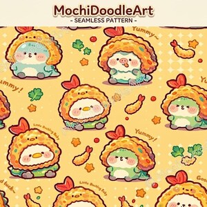 May include: A seamless pattern featuring MochiDoodleArt text, displaying cartoon creatures wearing fried shrimp costumes on a yellow background. The design includes small fried shrimp, green herbs, and orange stars, with text reading Yummy and Good luck.
