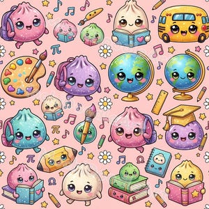 May include: A repeating pattern on a light pink background featuring kawaii-style characters including anthropomorphic dumplings with backpacks, globes, books, pencils, paintbrushes, a school bus, and daisies, interspersed with musical notes and pi symbols.