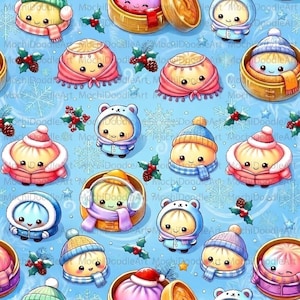May include: A repeating pattern on a light blue background featuring cartoon dumplings with faces wearing winter hats, scarves, and coats, interspersed with holly berries, pinecones, and snowflakes. The text MochiDoodleArt is visible.