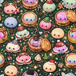 Peut inclure: Un motif répétitif sur fond vert foncé représentant des petits pains bao souriants dans des paniers vapeur en bambou, certains portant des bonnets de Noël, des bois de renne ou des couronnes, avec des biscuits, des cadeaux et des étoiles.