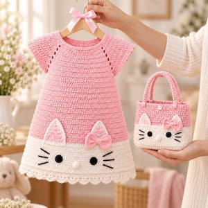 May include: A pink and white crocheted dress with short sleeves and a scalloped hem, featuring a cat face design with black eyes, whiskers, and a pink bow. A matching small crocheted handbag with a cat face and pink bow is also included.