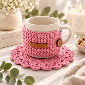 Peut inclure: Une tasse en céramique blanche enveloppée dans une housse en crochet rose avec une étiquette rectangulaire en similicuir marron et un bouton en bois. La tasse repose sur un dessous de verre en crochet rose assorti à bord festonné.