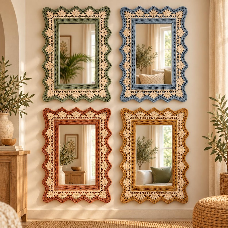 Crochet Mirror Frame Pattern PDF, Floral Mirror Border, Boho Wall Decor ...