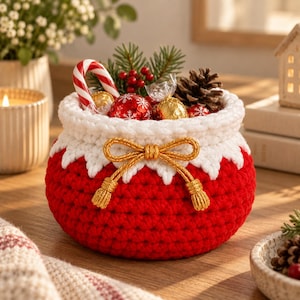 May include: A round, red and white crocheted basket featuring a white scalloped rim and a gold cord tied in a bow. The basket is filled with a candy cane, red and gold wrapped spherical candies, a pinecone, and green pine needles.