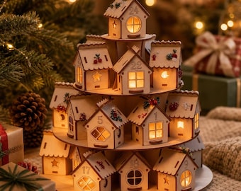 Könnte beinhalten: Ein dreistöckiger hölzerner Adventskalender in Form eines Dorfes aus kleinen Häusern. Jedes Haus verfügt über eine nummerierte Tür, ausgeschnittene Fenster und eine warme Innenbeleuchtung. Die Struktur ist kreisförmig angeordnet und mit weihnachtlichen Akzenten wie Beeren und Tannenzweigen auf den Dächern verziert.
