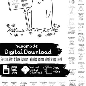 Könnte beinhalten: Eine digitale Download-Sammlung mit 246 schwarz-weißen Strichzeichnungen eines Cartoon-Geistes. Das Hauptbild zeigt einen Geist, der ein Schild mit der Aufschrift Sarcastic Little Ghost hält. Das Set enthält verschiedene humorvolle Szenen.