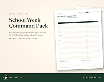 School Year Family Planner Printable, Homework Tracker, Kids Routine and Chore Chart, Undated Family Command Center Binder, K-8, Excel