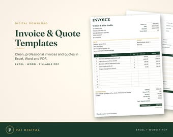 Invoice Template Excel & Word, Quote Template, Fillable PDF Invoice, Small Business Freelance Invoice with Auto Totals, Google Sheets