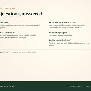 Puede incluir: Una hoja de informaci&oacute;n digital titulada Good to Know: Questions, answered. Proporciona detalles sobre un planificador digital sin fecha, incluyendo compatibilidad con GoodNotes, Adobe Acrobat y aplicaciones PDF, se&ntilde;alando que no es un consejo m&eacute;dico.