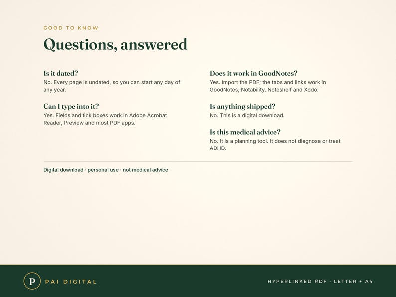Puede incluir: Una hoja de informaci&oacute;n digital titulada Good to Know: Questions, answered. Proporciona detalles sobre un planificador digital sin fecha, incluyendo compatibilidad con GoodNotes, Adobe Acrobat y aplicaciones PDF, se&ntilde;alando que no es un consejo m&eacute;dico.