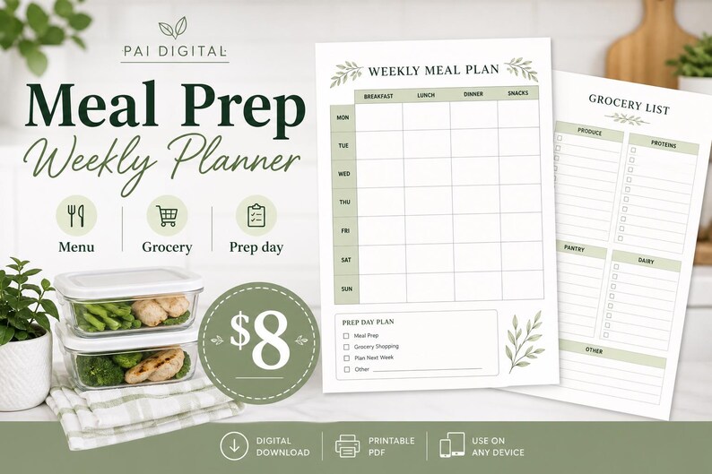 May include: A digital meal prep weekly planner template featuring a weekly meal plan sheet and a grocery list sheet. The design includes sage green accents, leaf illustrations, and text labels for breakfast, lunch, dinner, snacks, and grocery categories.
