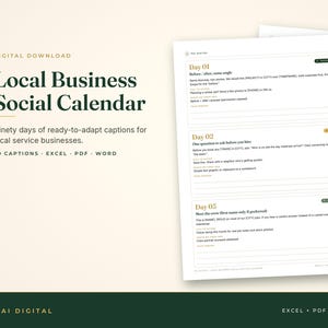 Op de afbeelding: Een digitale download getiteld Local Business Social Calendar met negentig dagen aan aanpasbare bijschriften voor lokale dienstverleners. Het document bevat sjablonen voor Dag 01, Dag 02 en Dag 03 met secties voor oproepen tot actie en visuele idee&euml;n.