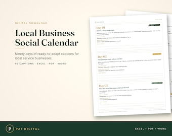 Contractor Instagram Captions, 90 Day Social Media Calendar for Local Business, Excel Content Planner, Hooks, Reel Scripts, Hashtag Bank