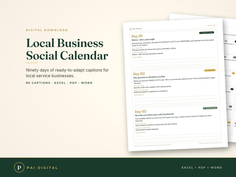 Op de afbeelding: Een digitale download getiteld Local Business Social Calendar met negentig dagen aan aanpasbare bijschriften voor lokale dienstverleners. Het document bevat sjablonen voor Dag 01, Dag 02 en Dag 03 met secties voor oproepen tot actie en visuele idee&euml;n.