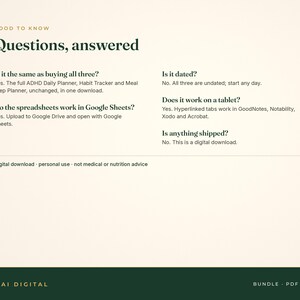 May include: A digital information graphic titled Good to know Questions, answered. It lists FAQs about an ADHD planner bundle, including compatibility with Google Sheets, tablet use with GoodNotes, and confirmation that it is a digital download.