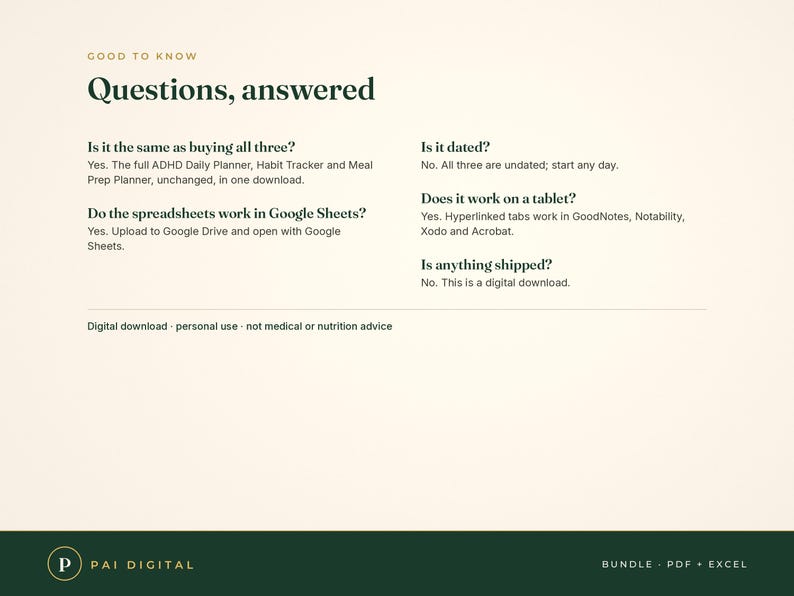 May include: A digital information graphic titled Good to know Questions, answered. It lists FAQs about an ADHD planner bundle, including compatibility with Google Sheets, tablet use with GoodNotes, and confirmation that it is a digital download.