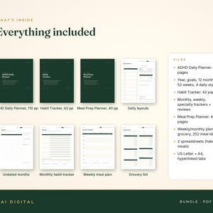 May include: A digital planner bundle featuring dark green covers for an ADHD Daily Planner, Habit Tracker, and Meal Prep Planner. Includes white interior page layouts for daily, monthly, and weekly tracking, plus a list of file contents and specifications.