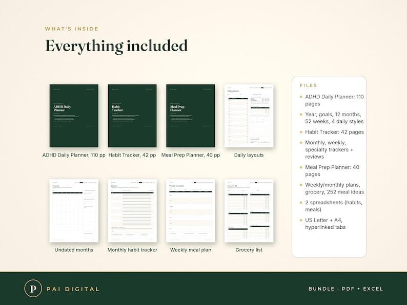 May include: A digital planner bundle featuring dark green covers for an ADHD Daily Planner, Habit Tracker, and Meal Prep Planner. Includes white interior page layouts for daily, monthly, and weekly tracking, plus a list of file contents and specifications.