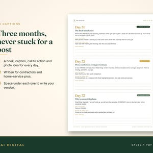 Op de afbeelding: Een digitaal document getiteld 90 Captions met drie dagelijkse vermeldingen genaamd Day 31, Day 32 en Day 33. Elke vermelding bevat een hook, call-to-action, foto-idee en lege regels om te schrijven. De tekst is zwart op een witte achtergrond met groene accenten.