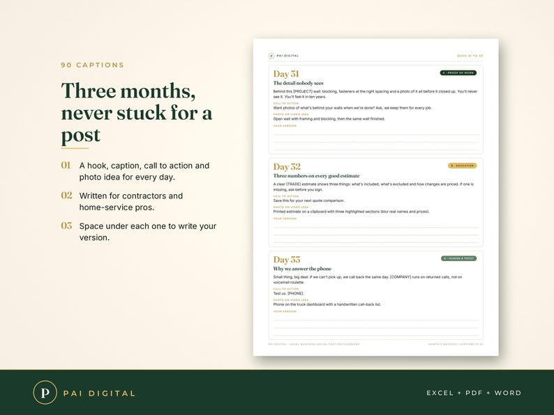 Op de afbeelding: Een digitaal document getiteld 90 Captions met drie dagelijkse vermeldingen genaamd Day 31, Day 32 en Day 33. Elke vermelding bevat een hook, call-to-action, foto-idee en lege regels om te schrijven. De tekst is zwart op een witte achtergrond met groene accenten.