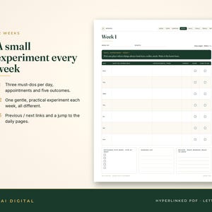 Puede incluir: Una p&aacute;gina de planificador digital titulada Week 1 con un encabezado verde oscuro. Incluye secciones para tareas diarias, citas y resultados. El texto dice 52 Weeks, A small experiment every week, e incluye listas numeradas que detallan objetivos diarios, experimentos semanales y enlaces de navegaci&oacute;n.
