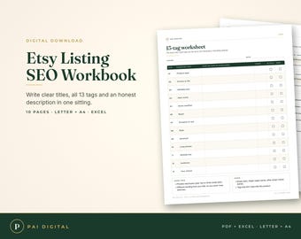 Etsy SEO Workbook Printable, Etsy Title and Tag Planner, Listing Description Template, Excel Tag Checker, Seller Checklist, Instant Download