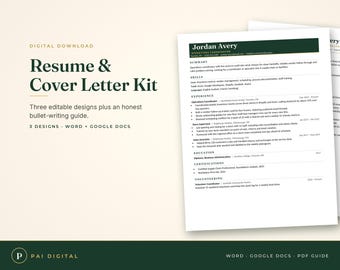 Resume Template Word & Google Docs, Cover Letter Template, 3 Editable Designs, ATS Friendly One Page Resume, Writing Guide, Instant Download