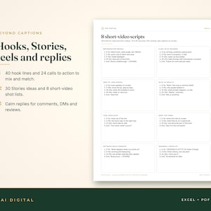 Op de afbeelding: Een digitaal document getiteld 8 short-video scripts met een lijst van inhoudsidee&euml;n voor sociale media. De tekst bevat secties voor hooks, stories en antwoorden, met specifieke shotlijsten voor video's. De lay-out is strak met zwarte tekst.
