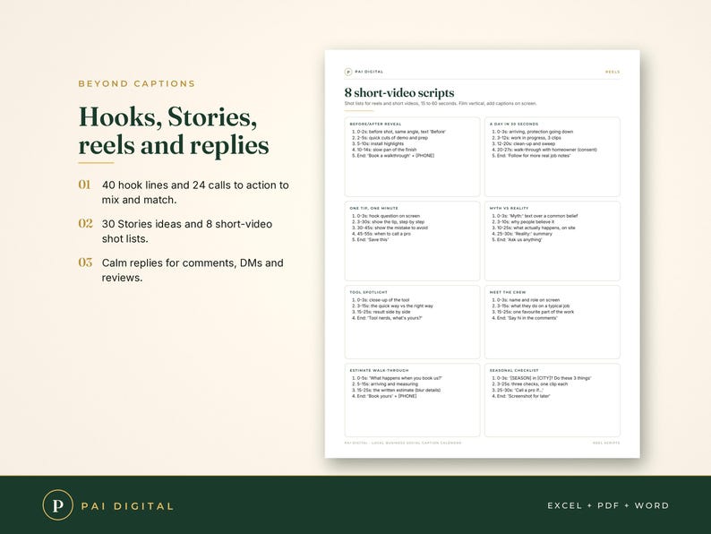 Op de afbeelding: Een digitaal document getiteld 8 short-video scripts met een lijst van inhoudsidee&euml;n voor sociale media. De tekst bevat secties voor hooks, stories en antwoorden, met specifieke shotlijsten voor video's. De lay-out is strak met zwarte tekst.