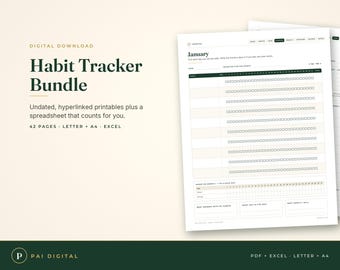 Habit Tracker Printable Undated, Monthly Habit Tracker, Year in Pixels, Hyperlinked GoodNotes PDF, Excel Google Sheets Tracker, Letter A4
